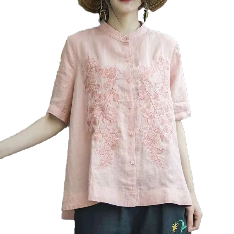 Pur coton brodé ample ort Sve irt col montant artistique Sle femmes coupe ample haut décontracté lin comme tissu