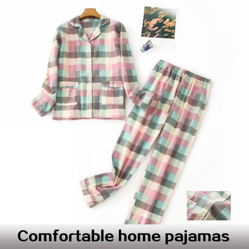 Women's New Printed Checkered Long Home Casual Pajama Set Women's Long Shirt Button Top and Long Elastic Pants Pajama Set