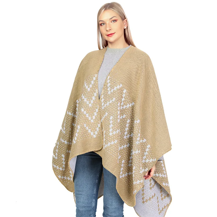 Autumn Winter Geometric Pattern Knitted Shawl Women's cloak Warm Scarf Fashion Street Poncho Lady Capes Khaki Cloaks