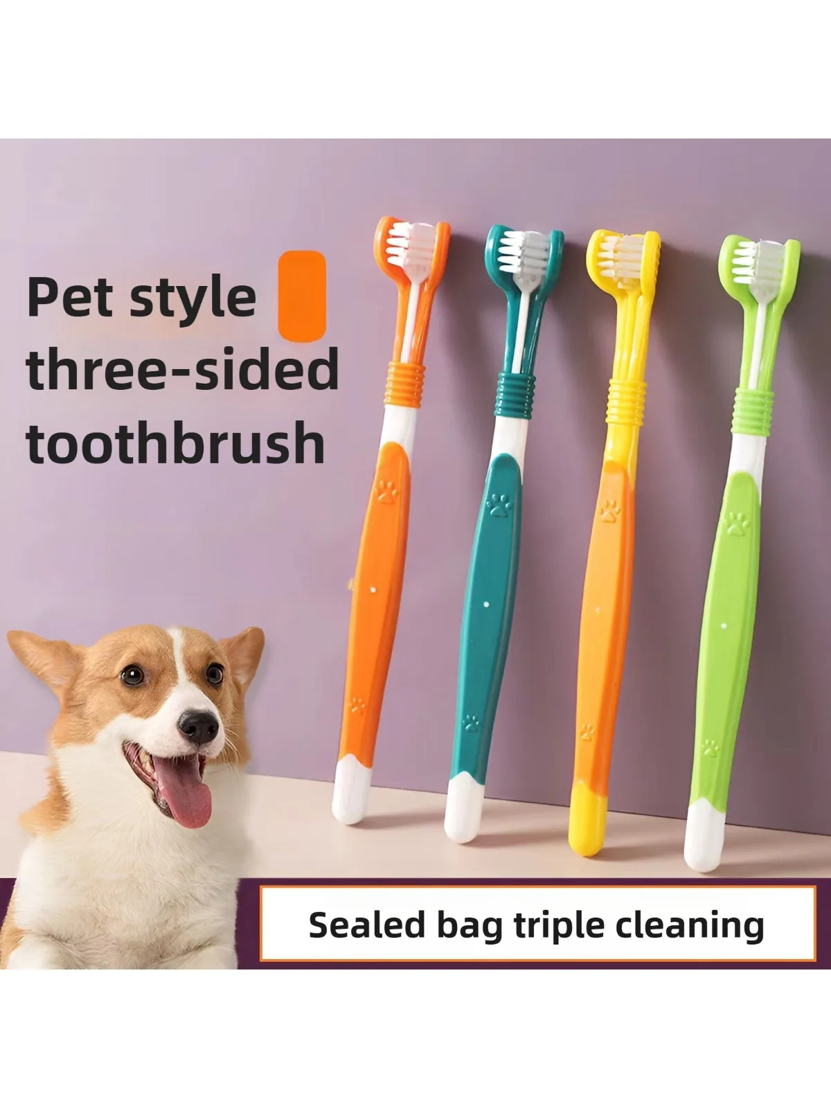 Brosse à dents à 3 têtes pour animaux de compagnie, nettoyage buccal pour chiens, brosse à dents à poils souples pour petites races, poignée facile à saisir, douce sur les gencives, réduit la Plaque