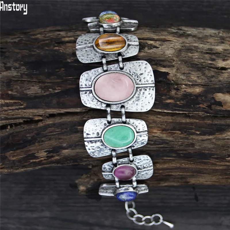 Vintage Oblong Natural 7 Chakra Stone Bracelet For Women Antique Silver Plated Quartz Tiger Eye Lapis Jades Fashion Bracelets