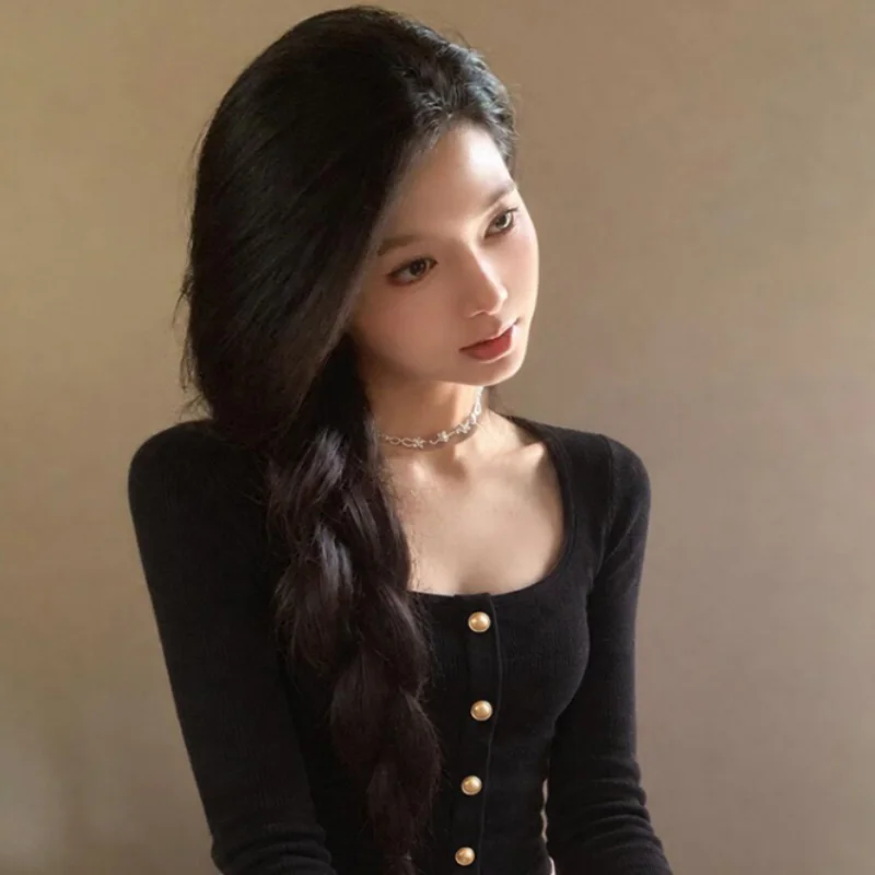 Black Slim Fit Long Sleeve Shirt with Single Button Square Collar for Women Early Autumn Fashion Small Size Correction Top