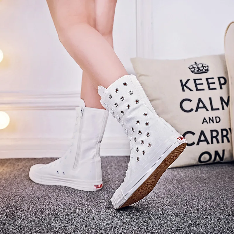 Women Shoe Canvas Spring Autumn Casual High Top Shoes Long Boot Lace-Up Zipper Comfortable Flat Boot Sneakers Tenis Feminino