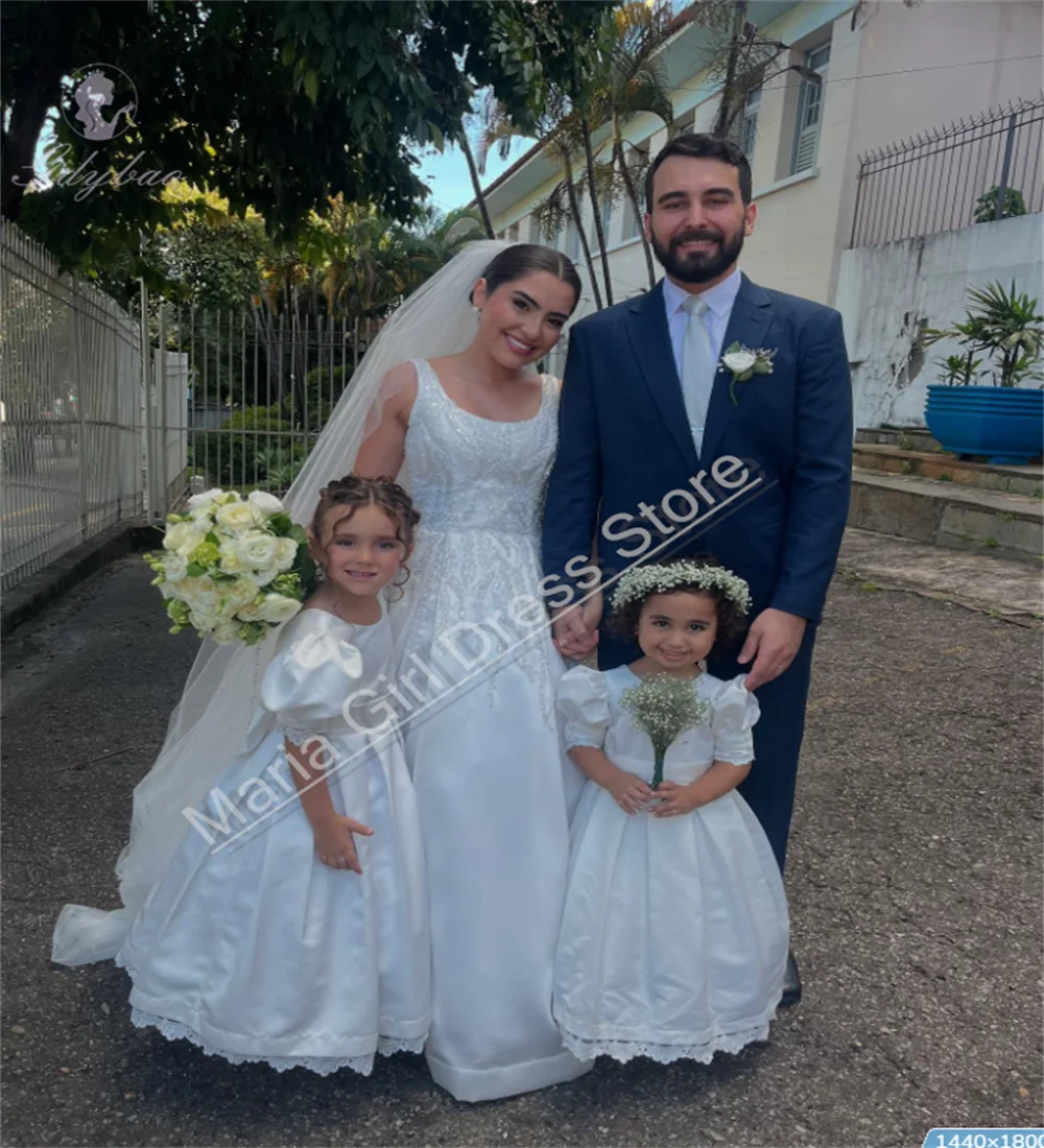 White Satin Flower Girl Dress Lace Edges Short Sleeve Suitable For Children's First Communion Bridesmaid Custom Dress