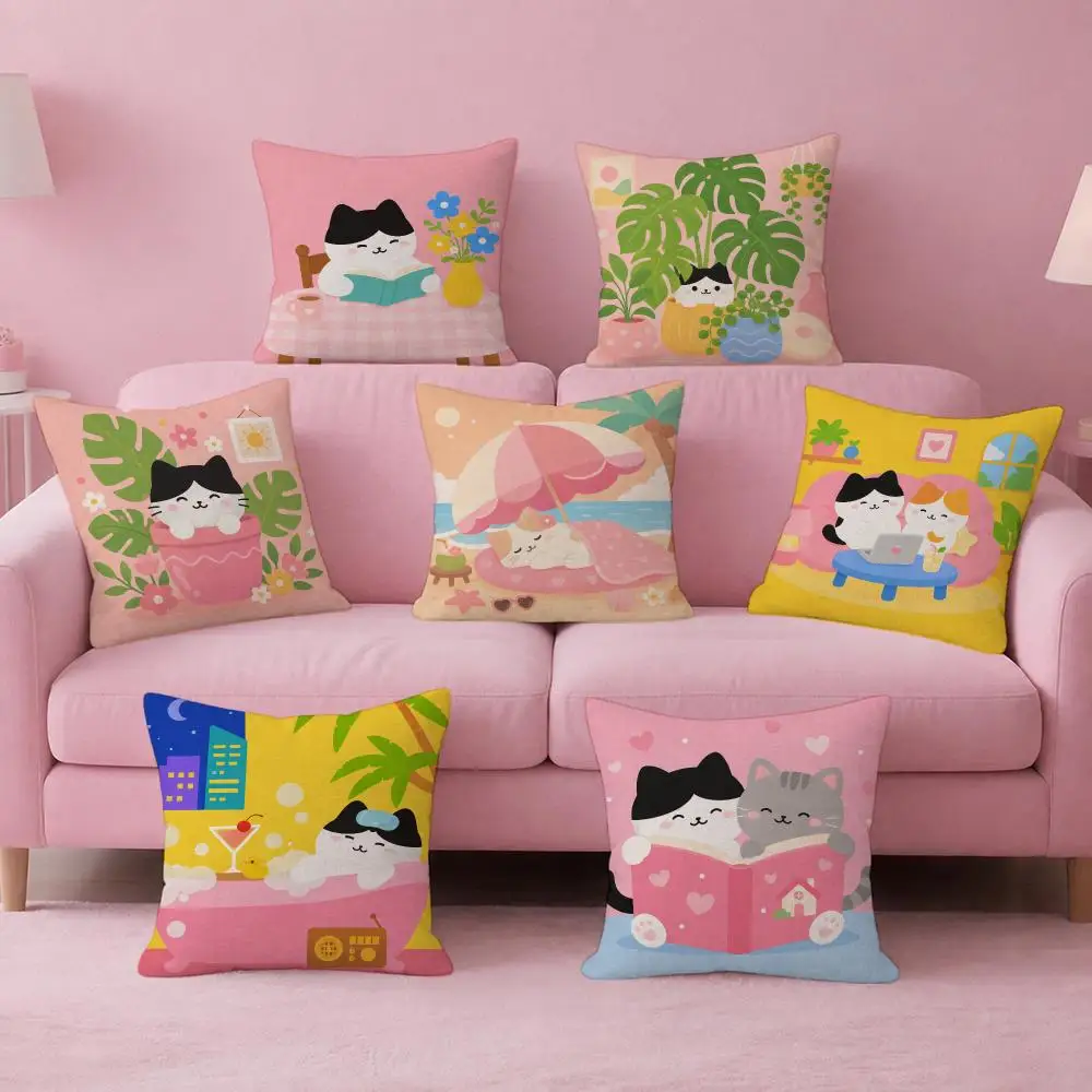 Art Cartoon Cat Orosi Cushion Cover Pink Linen Texture Cushion Cover Double Sided Invisible Zipper Deco