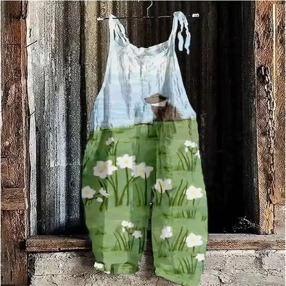 2025 Summer Women's Daily Breathable One-Piece Pants, 3D Pink Dog Print, Fashionable and Cute Loose One-Piece Pants