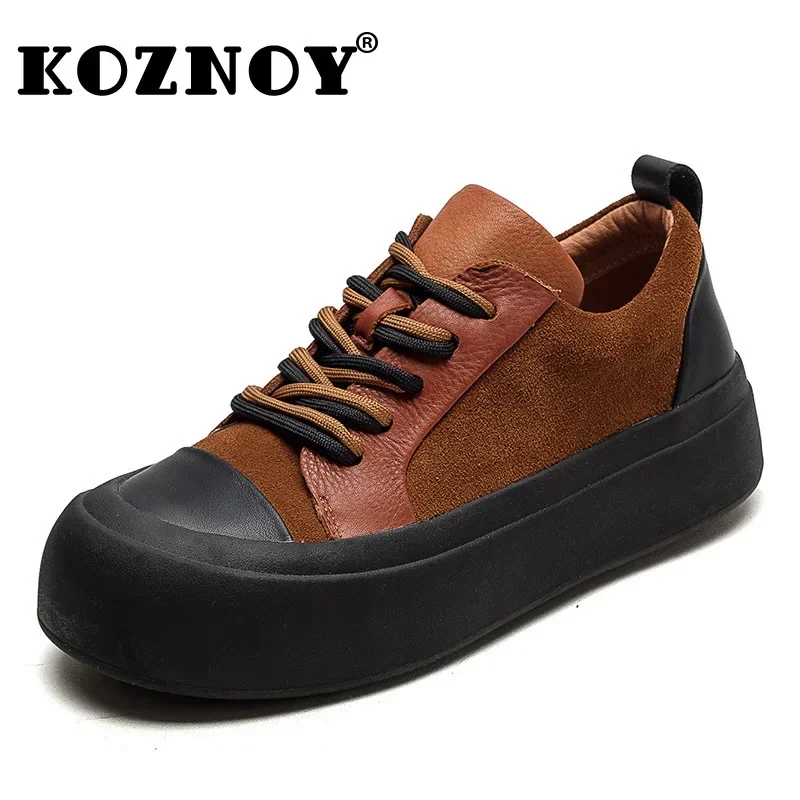 Koznoy Loafers 4CM Ergonomic Shoes Cow Suede Genuine Leather Women High Brand Spring Vulcanize Autumn Big Toe Ethnic Retro Flats