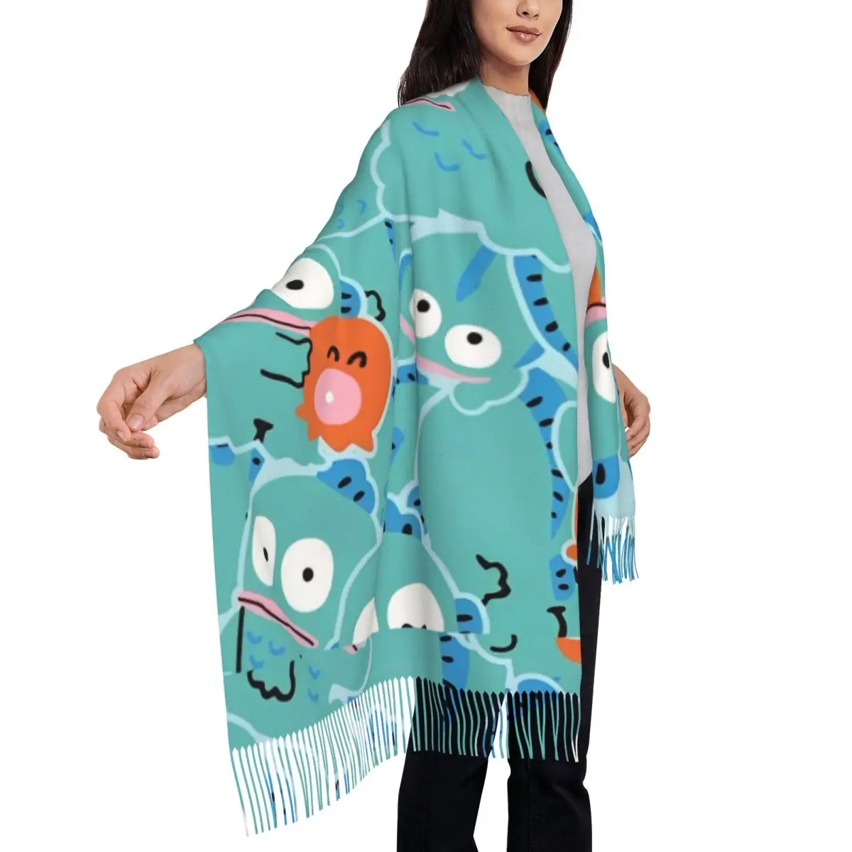 

Hangyodon, милая мультяшная шаль для женщин, зимний теплый длинный мягкий шарф, шейный платок, шарфы с кисточками