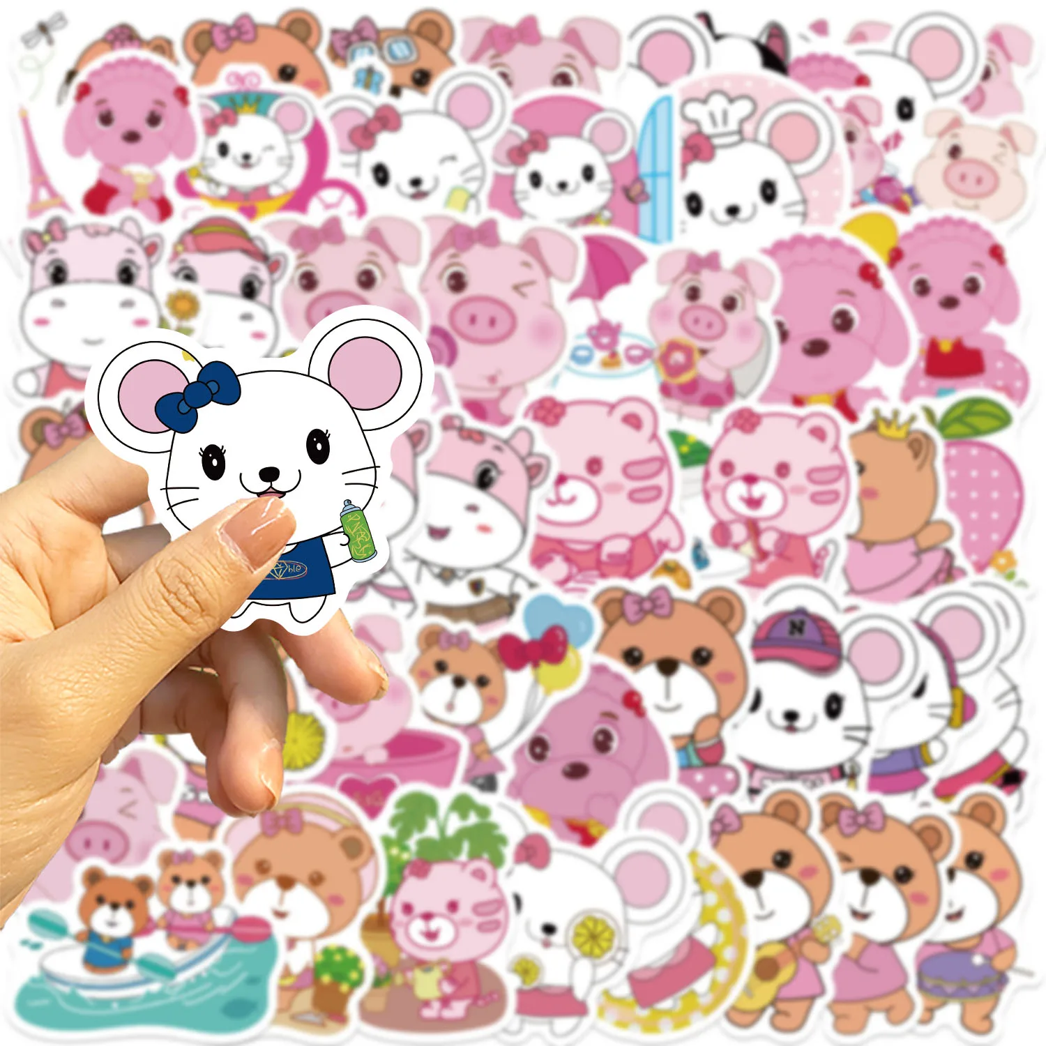 59PCS Fun Cartoon Pink Animal Graffiti Stickers Scrapbooking Collage Material Phone Cases Guitar Notebooks DIY Decorative