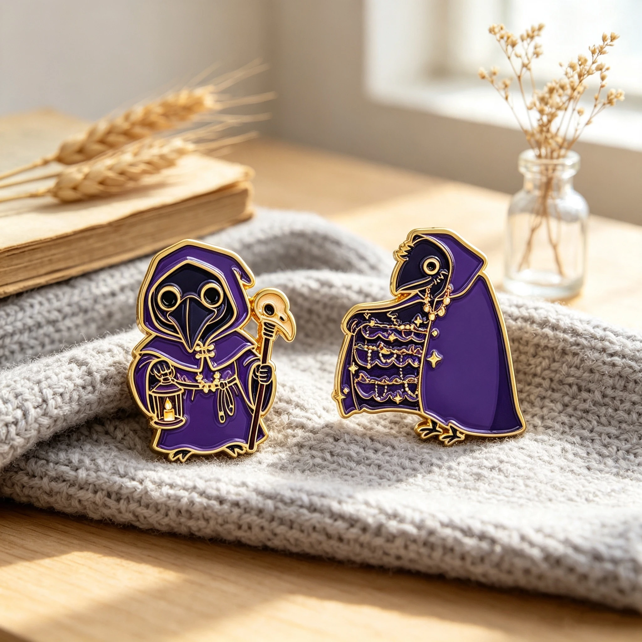 2pcs/Set Crow Doctor Enamel Pin Medical Plague Brooches Bag Purple Vintage Lapel Badge Fashion Constume Jewelry Gift for Friends