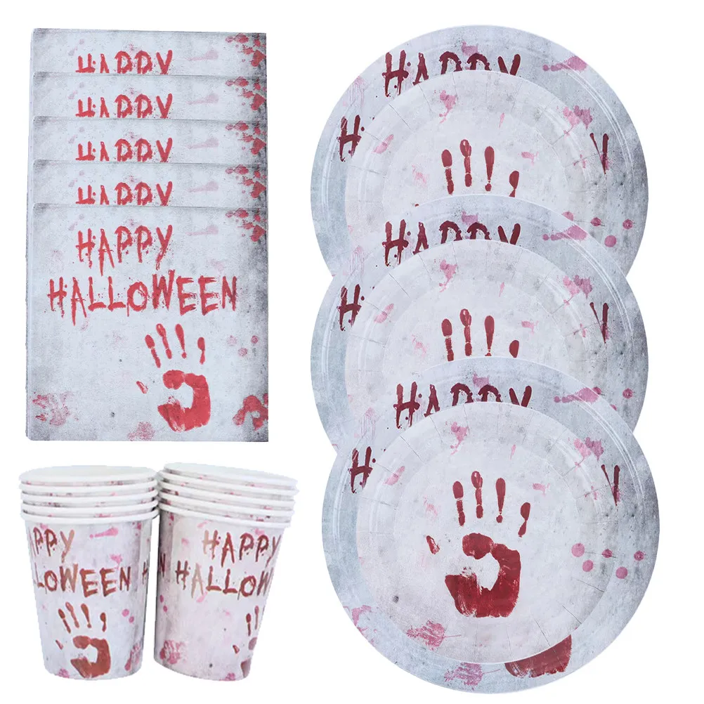 1Set Blood Handprint Halloween Disposable Party Tableware Kit Paper Plates Cups Festival Napkins Dinnerware Set Party Supplies