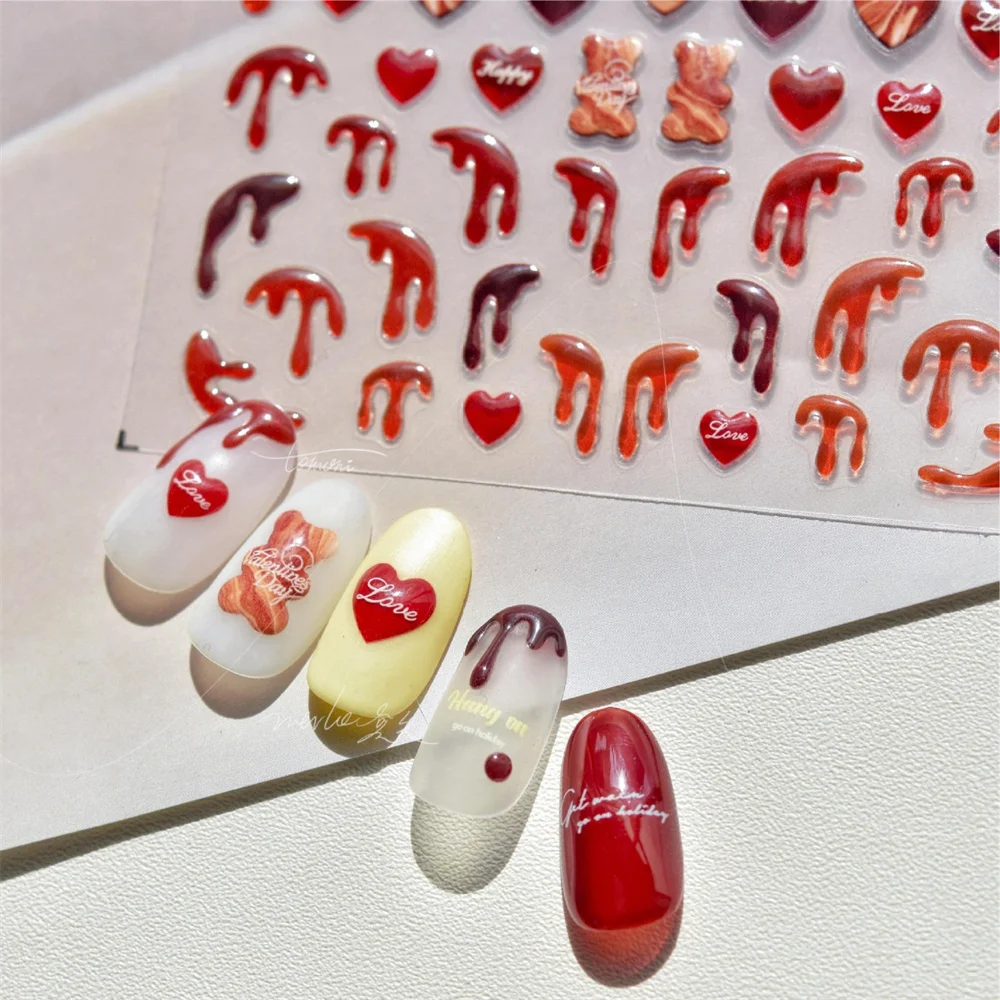 Pegatinas decorativas para uñas, 1 piezas, 5D, Kawaii, oso de gelatina, melocotón, animales de dibujos animados, frutas, calcomanías adhesivas, accesorios deslizantes DIY