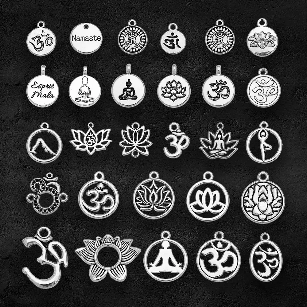 Antique Silver Plated Yoga Namaste Om Charms Lotus Flower Pendants For Diy Earring Jewelry Making Findings Supplies Accessories