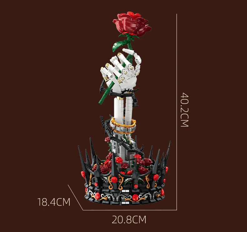 Idea Gothic Baustein Rote Rose Spielzeug Skelett Dunkle Blumenkrone Handgefertigter Baustein Schreibtischdekoration Sammlerstück für Geschenke – Detail 7