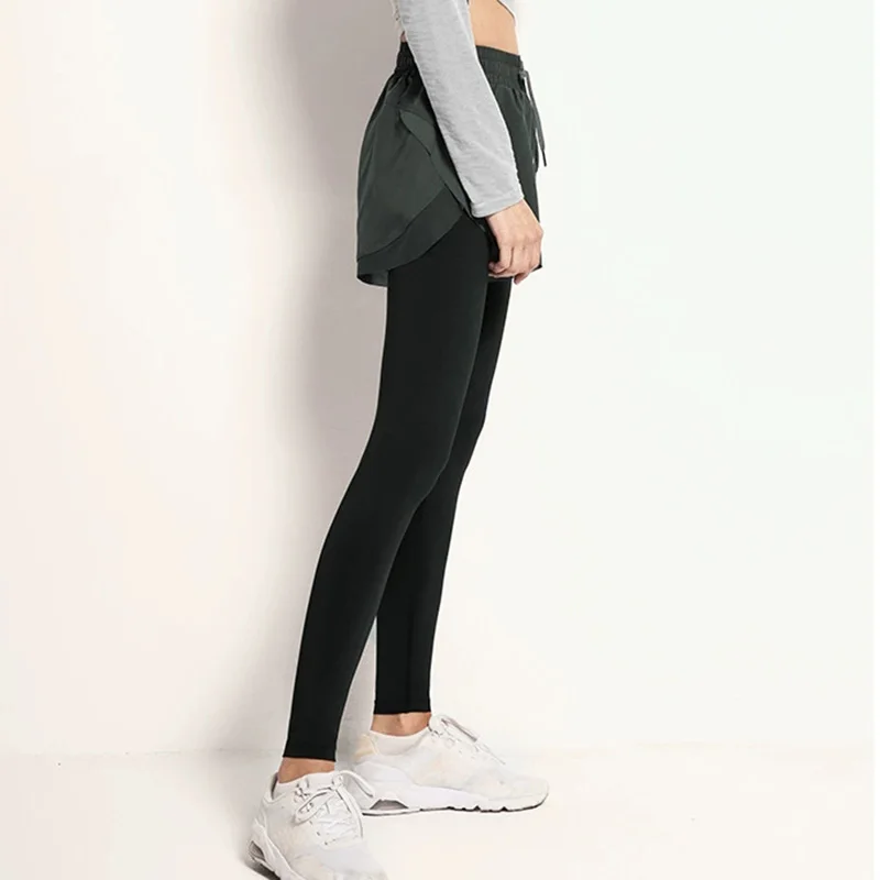 Sportowe spodnie do jogi damskie imitujące dwuczęściowy strój, elastyczne legginsy z wysokim stanem na wiosnę i jesień, spodnie do jogi z wysokim zawartością spandexu dla kobiet.