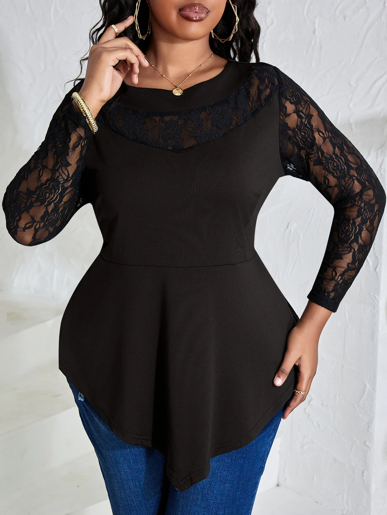 LW Plus Size Lace Patchwork Solid T-shirt Women Black Tops Round Neck Solid Color Casual T-shirt Women Clothing Daily Tops