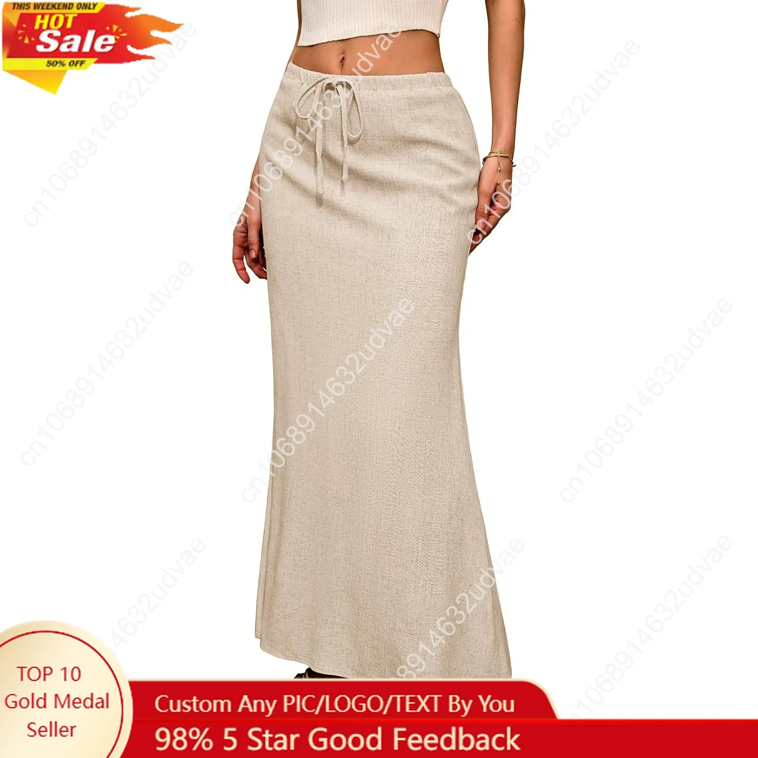 

ELLEVEN Linen Flared Maxi Skirt with Back Slit - Elastic Waist Drawstring Long Flowy Ankle-Length Skirt