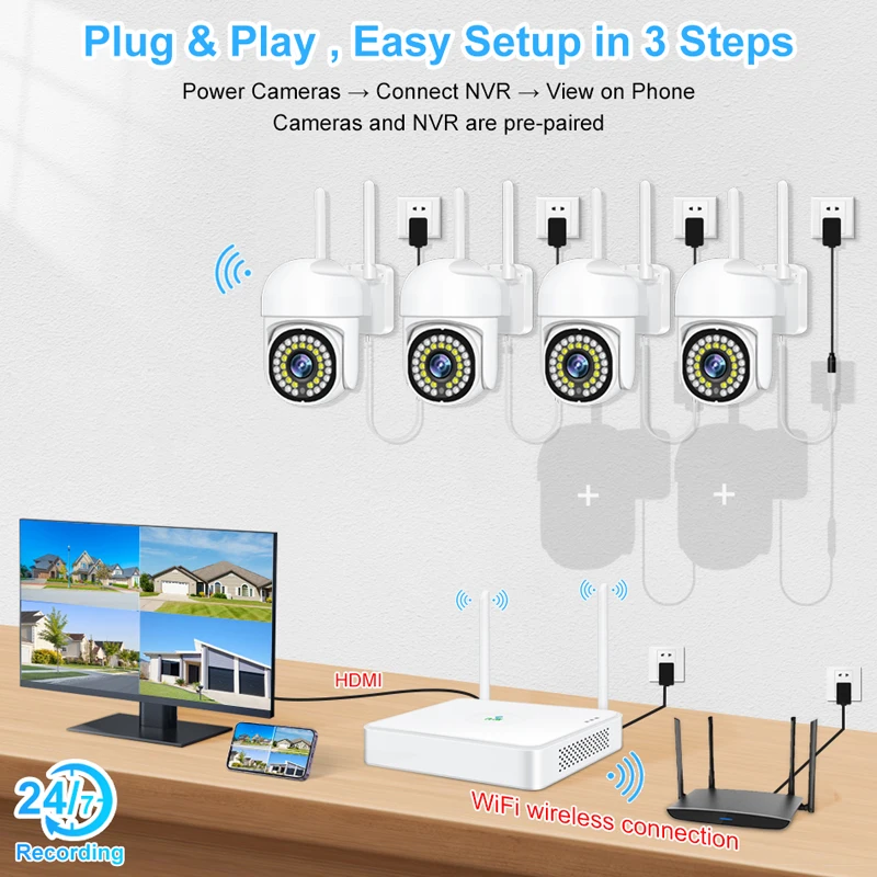 Smar 3MP Wireless CCTV Security Camera System PTZ Wifi Outdoor Surveillance Kit Alarm 6CH NVR Home Security Night Vision Set view 6