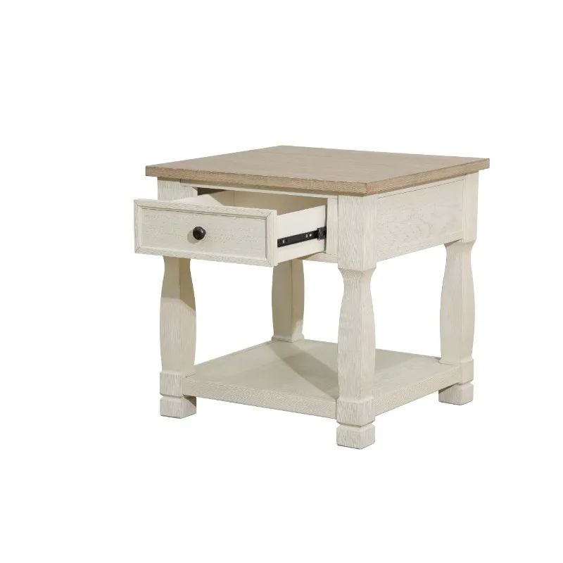 Mesa de coquetel para sala de estar com tampo em MDF marrom claro e gaveta de carvalho branco