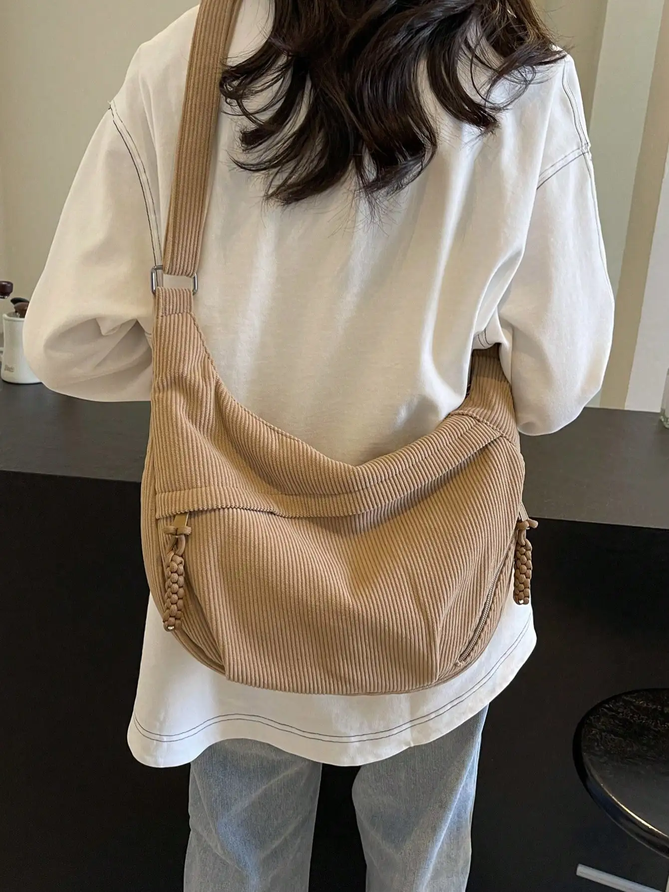 

Fashionable Yellow Nylon Waterproof Shoulder Bag With Simple & Casual College Style, Wide Strap, Multiple Zipper Design Suitable For Students, Shopping, Daily Use, Shoulder Bag For School