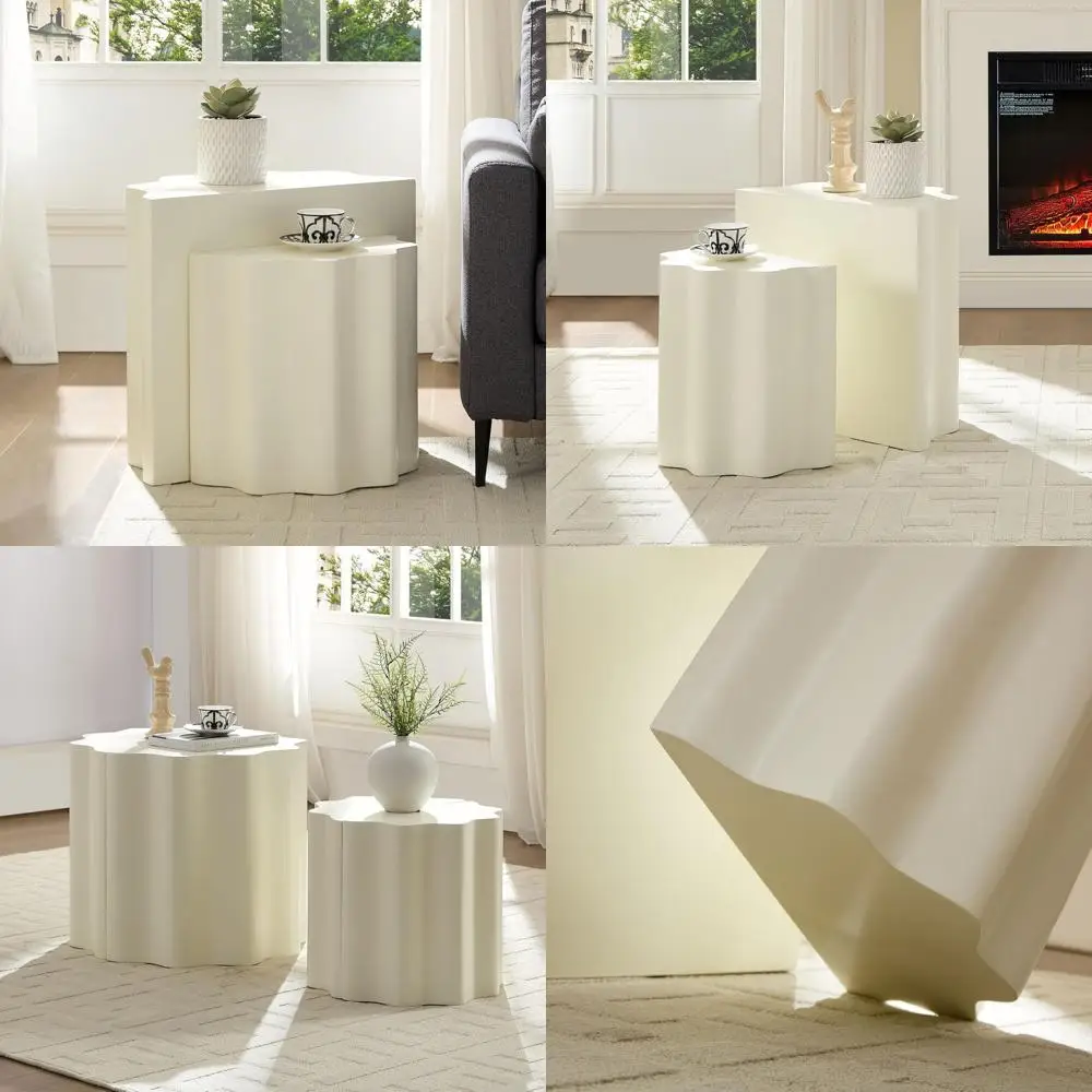 

Kevinplus 2-in-1 Fiberglass Nesting Side Tables, Beige, Living Room Set of 2, No Assembly Required