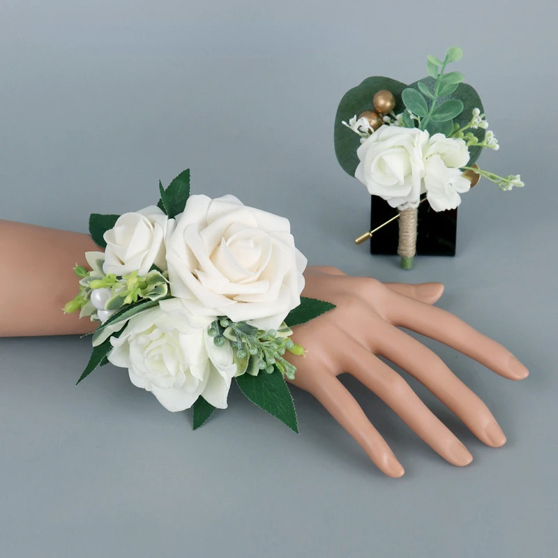 Cream Rose Artifical Flowers Wrist Corsage Wedding Accessories Marriage Bridesmaid 코사지