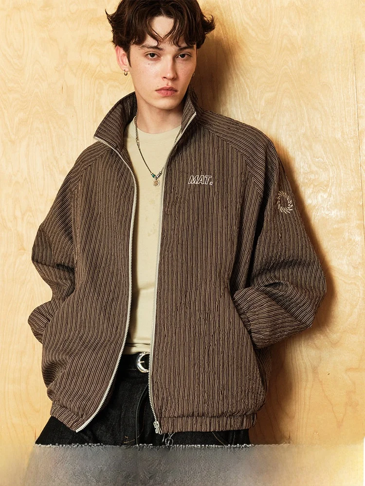 Matcha Story Casual Stripe Pattern Stand Collar Jacket Unisex Autumn Leisure Retro Style Polyester Fiber Soft  Jacket