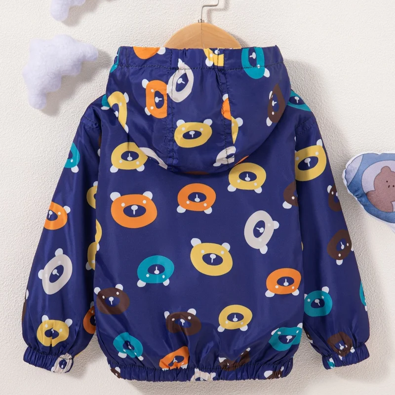 Korean Style Fashion Lovely Navy Blue Cartoon Printed Long Sleeved Unisex Coat Autumn Windproof Keep Warm Baby Girl Hooded Top