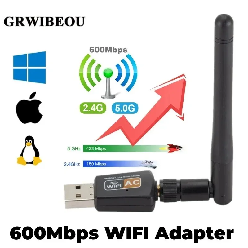 

600Mbps USB Wifi Adapter 5GHz+2.4GHz USB2.0 Receiver Wireless Network Card Lan WiFi High Speed Antenna USB Wireless WiFi Adapter