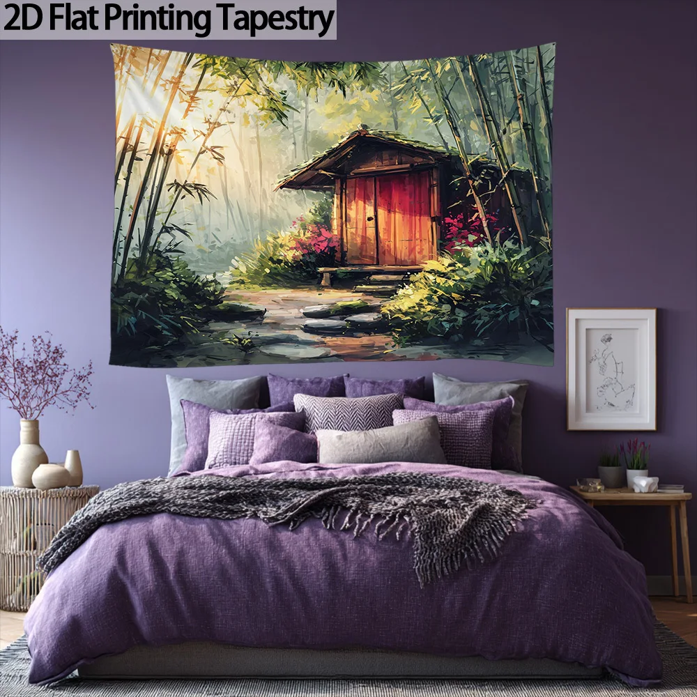 2D Flat, 1pc Vibrant Bamboo Forest Tapestry Wall Hanging - Japanese-Inspired Serene Asian Landscape Art, Polyester Fabric Wallpa