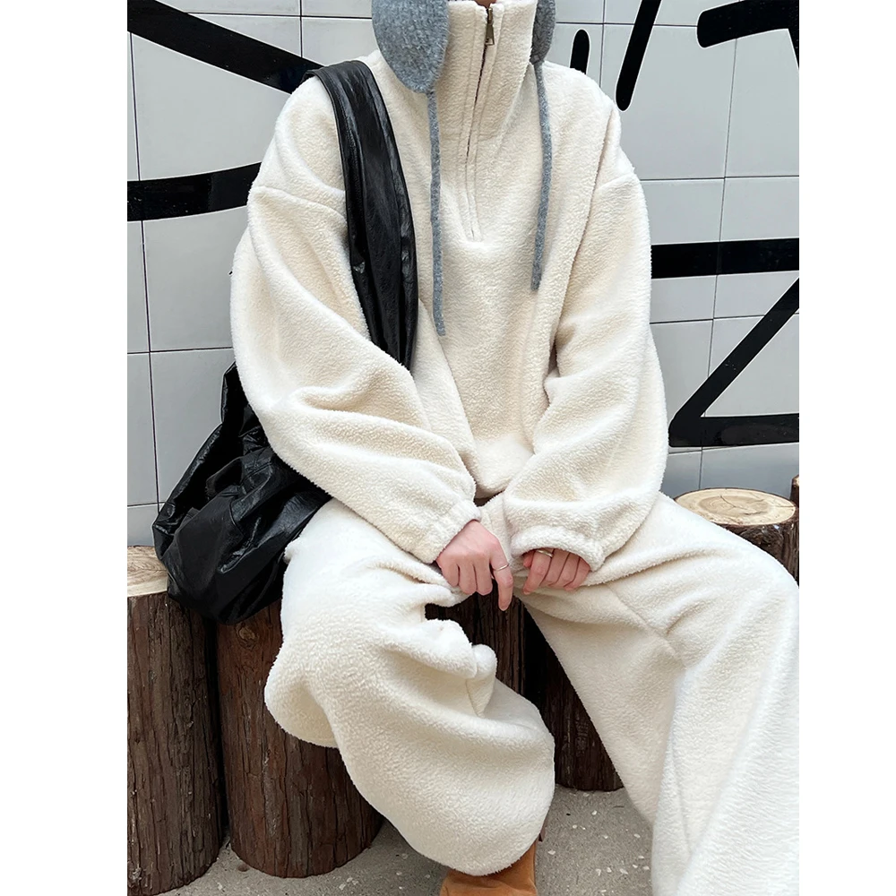 Women Two Pieces Suits Warm Thick Furry Stand Collar Hoodie With Pants Loose Pullovers Sweatershirt Tracksuits Ladies Outfits