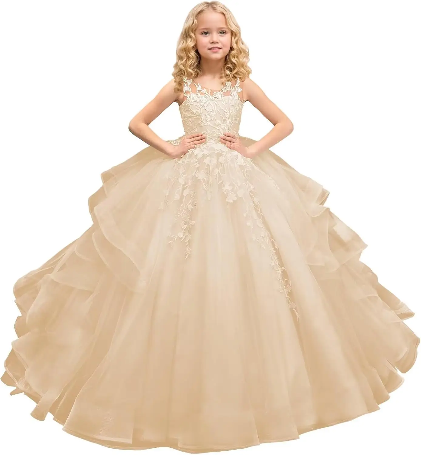 Elegant Sleeveless Chiffon Princess Dress, Lace Applique Backless Fashionable, Birthday Party Dance Dress, First Communion Dress