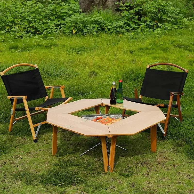 Portable Folding Hexagonal Fire Pit Table Outdoor Camping Stove Stand with Storage Rack for Courtyard Balloon BBQ Grill