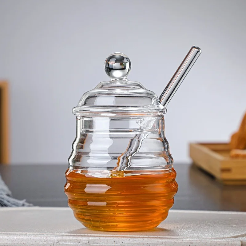 Household Transparent Glass Honey Jar with Lid Glass Stirring Stick Honey Bottle Creative Glass Transparent Jar Glass Container