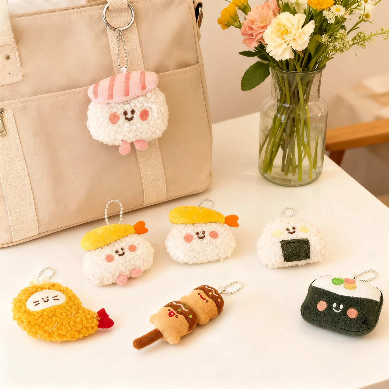 6er-Set Niedliche Plüsch-Lebensmittel-Schlüsselanhänger: Sushi-Taschenanhänger, Rucksack-Accessoires, Kreative Puppen-Schlüsselringe als Geschenk – Detail 3