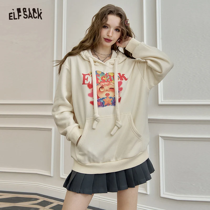 ELFSACK 2024 Winter New Arrivals Original cartoon print retro hooded sweatshirt for women