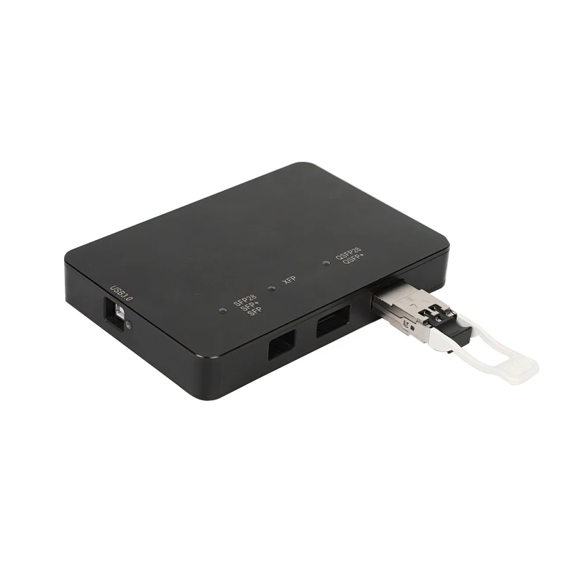 The optical transceiver programming board supports writing SFP/SFP+/XFP/QSFP/QSFP28 codes to the onboard CodingBox.