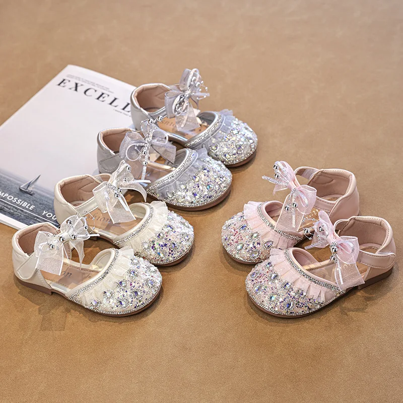 Girls Princess Rhinestone Flat Sandals Summer Bow Children Causal Dress Shoes Non-slip Breathable Kids Sandals for Wedding Party