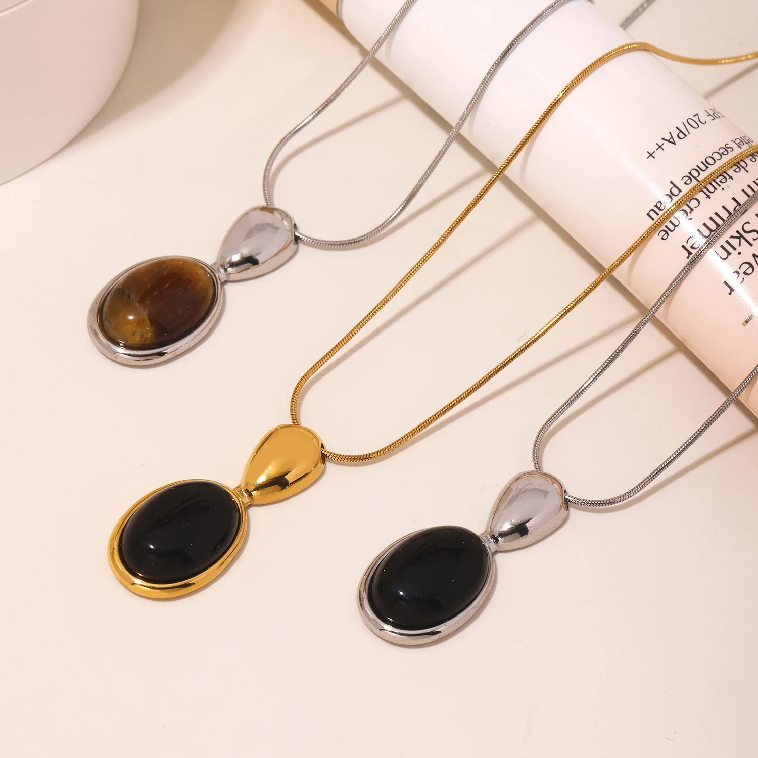 New Arrival Black Onyx Tiger Eye Necklace Adjustable Drawstring Long French Sweater Chain