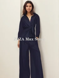 ZBZA Tuta donna camicia e pantaloni con nodo Papillon tinta unita con risvolto a bottoni nascosti camicia a maniche lunghe vita elastica legata pantaloni gamba dritta autunno Nuovo set femminile chic