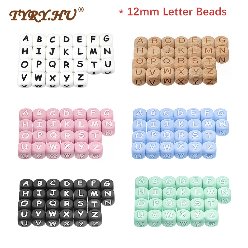 TYRY.HU 500pcs 12mm Silicone English Letter Beads Alphabe Wood Beads Food Grade Silicone Chewing Beads DIY Baby Teething Toys