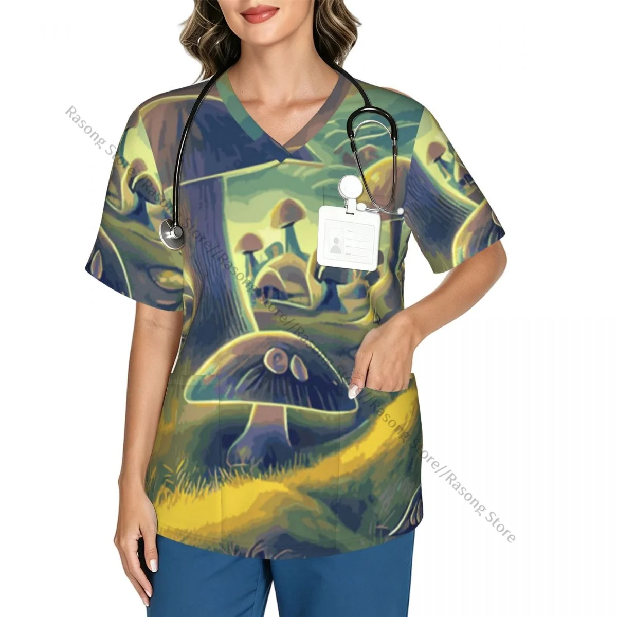 Enchanted Forest With Mushrooms Scrubs Medical Uniforms Women V Neck Short Sleeve Tunic Scrubs Tops Nursing Surgical Uniforms