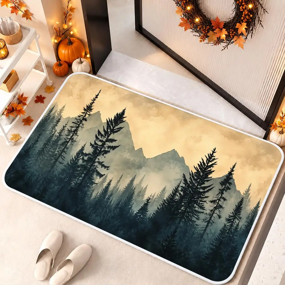 Misty Forest Escape Floor Mat Soft Flannel Floor Mat Cloud Feel Non-slip Bath Rug Machine Washable Foam Carpet Door Mat
