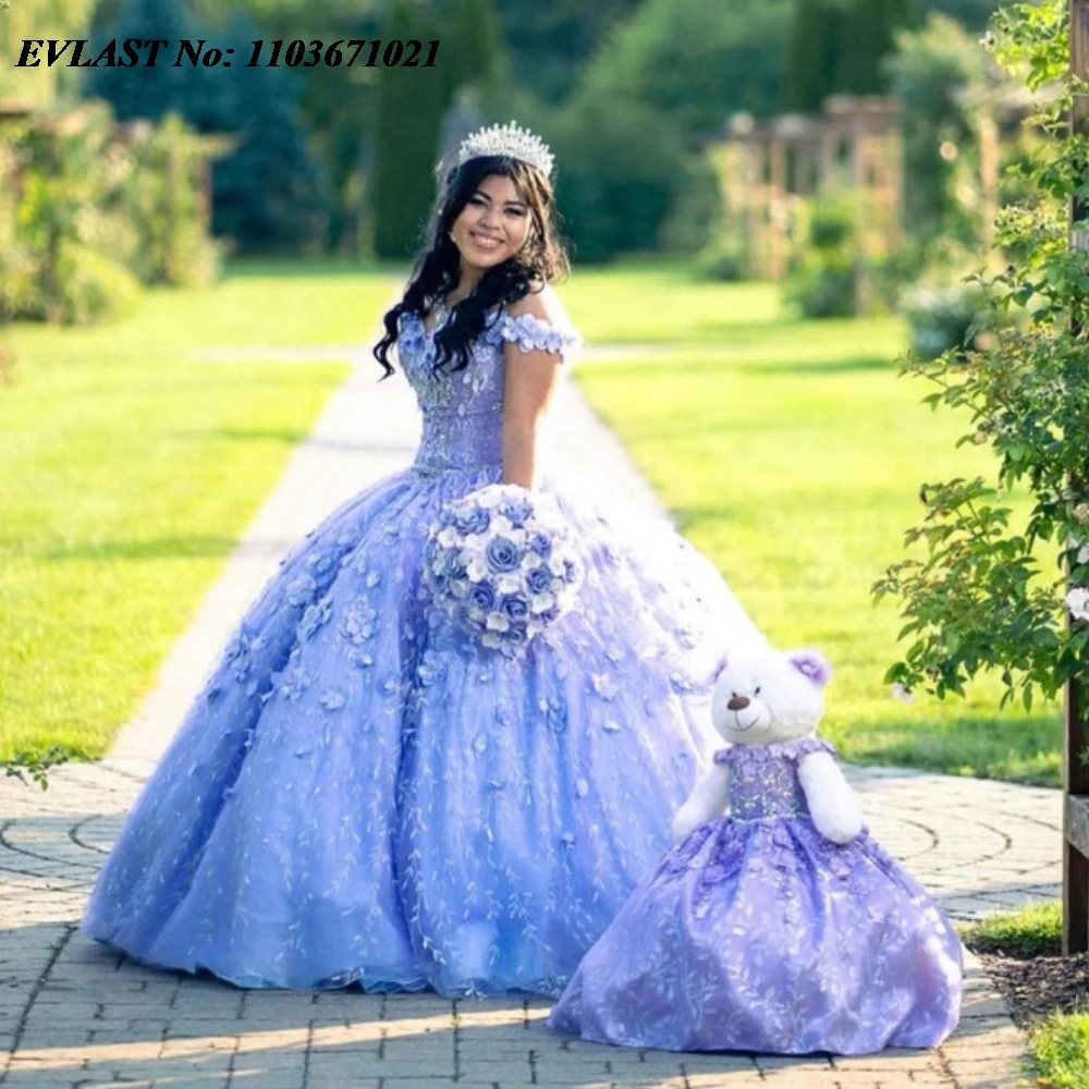 EVLAST Maßgeschneidertes Lavendel-Ballkleid-Quinceanera-Kleid mit 3D-Blumenspitze und Perlen, mexikanisches Sweet-16-Vestidos De Anos SQ491