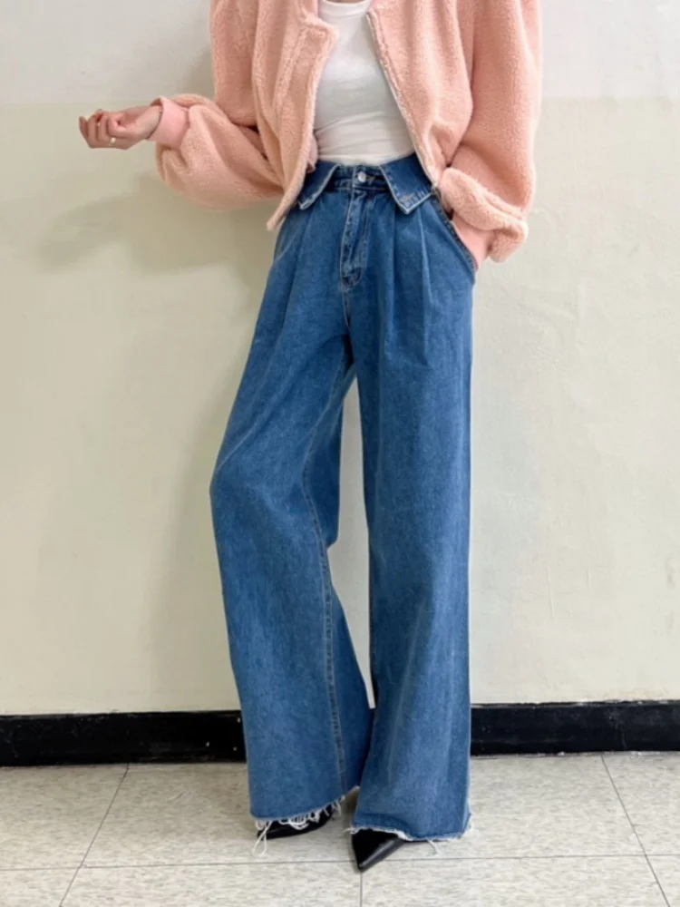 

2024 Roupa Y2K Fashion Cuffs Blue Baggy New Jeans Flare Pants Women High Waist Clothes Solid Casual Lady Luxury Denim Trousers