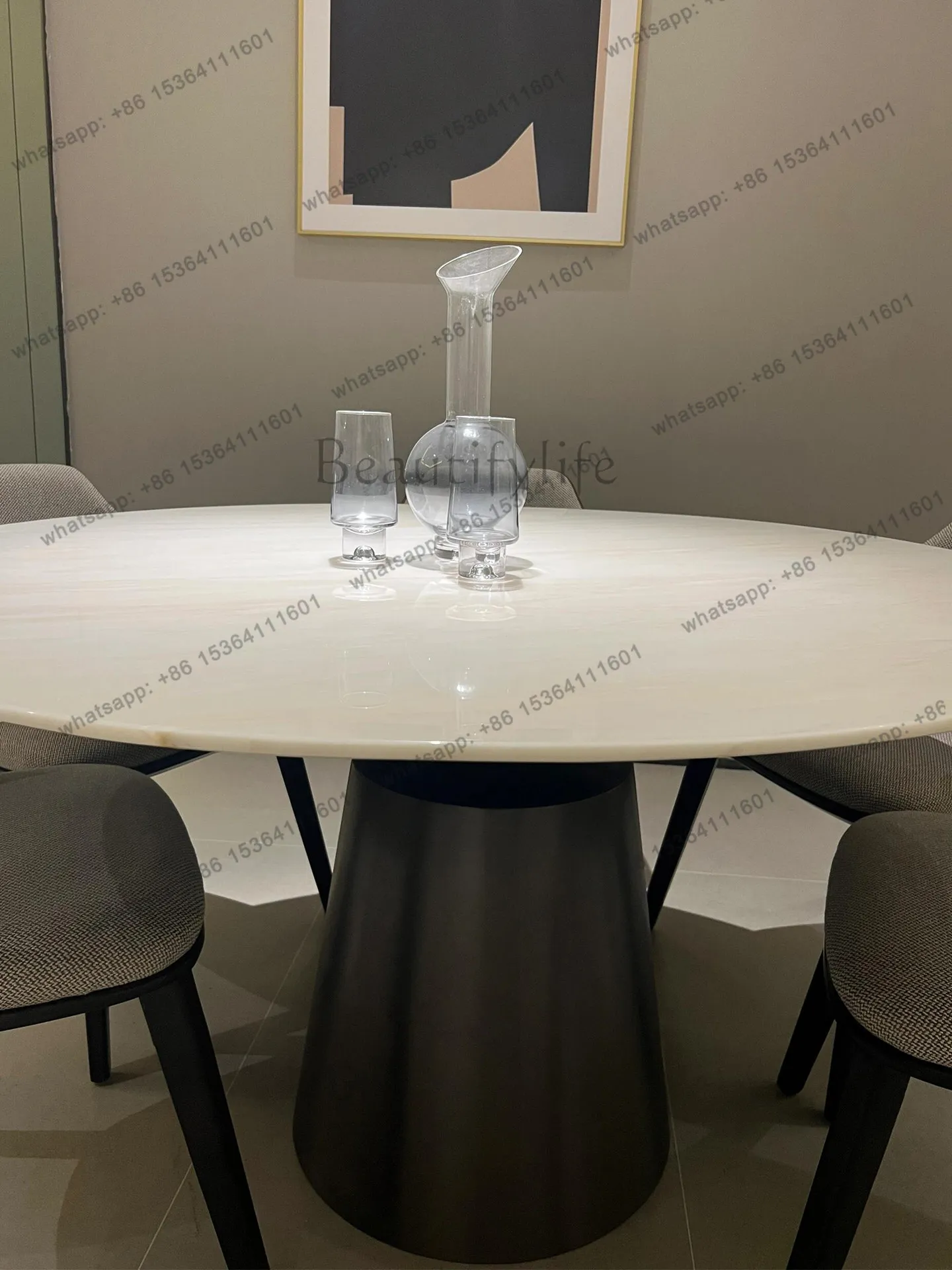Cary ice jade marble dining table with turntable white high-end luxury stone dining table modern and simple