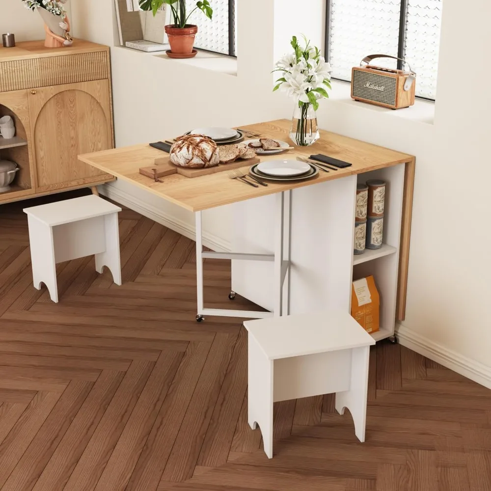 省スペースの木製ダイニングテーブルセット、折りたたみ機能付き、キッチン収納と電源コンセント用の背の高いサイドボードキャビネット付き
