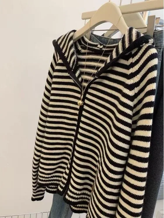 Cárdigan de punto a rayas con cremallera para mujer, suéter, Top holgado, cómodo, Otoño Invierno, sensación de gama alta, sombrero largo