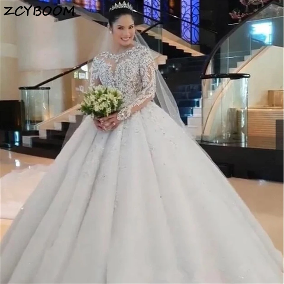 

Charming O-neck Appliques Lace Ball Gown Full Sleeves Wedding Dresses For Women 2024 Court Train Bridal Gowns Vestido De Noiva