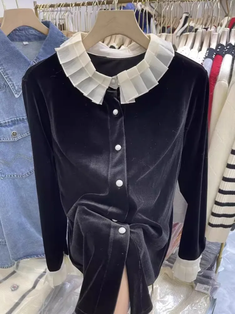 New Spring Women Black Velvet Shirt Spliced Peter Pan Collar Long Sleeve Single Breasted Office Lady Elegant Casual Blouses Tops